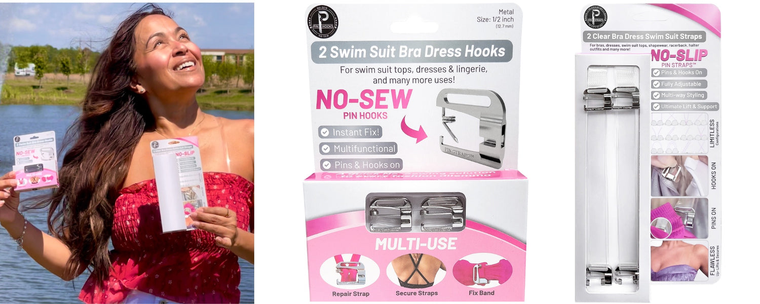 Women wearing a strapless swim lingerie top, clear straps, convertible, DIY no sew swimwear hooks metal, no slip bra dress straps in box 