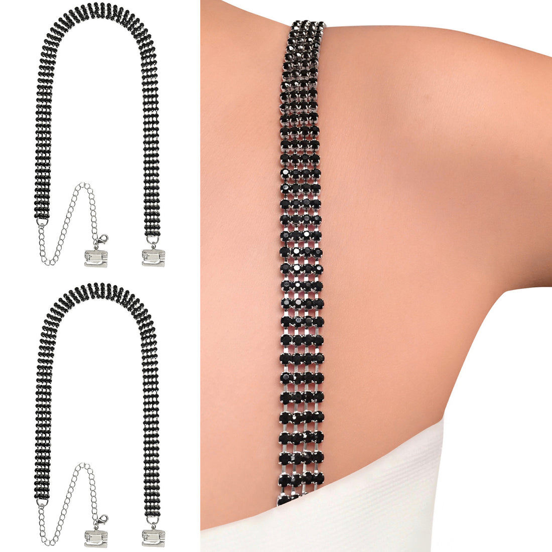 (No Sew) Rhinestone Dress Straps | Four Row (Black) | by PIN STRAPS